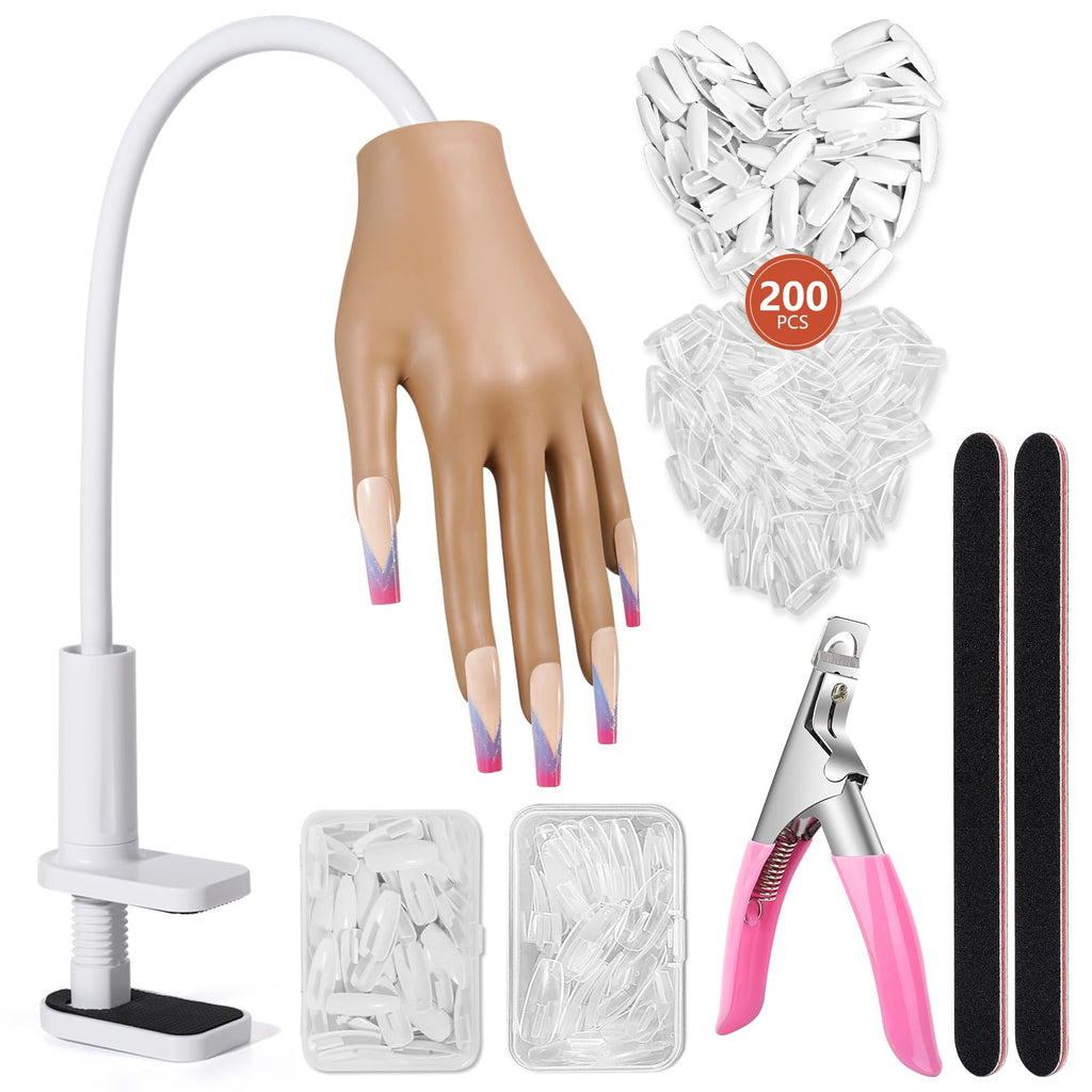 Wilfniee Practice Hand for Acrylic Nails: Nail Tips Wont Fall off Fake Hand for Nail Practice - Flexible Practice Nail Hand With 200PCS Nail Tips for Beginners Salon