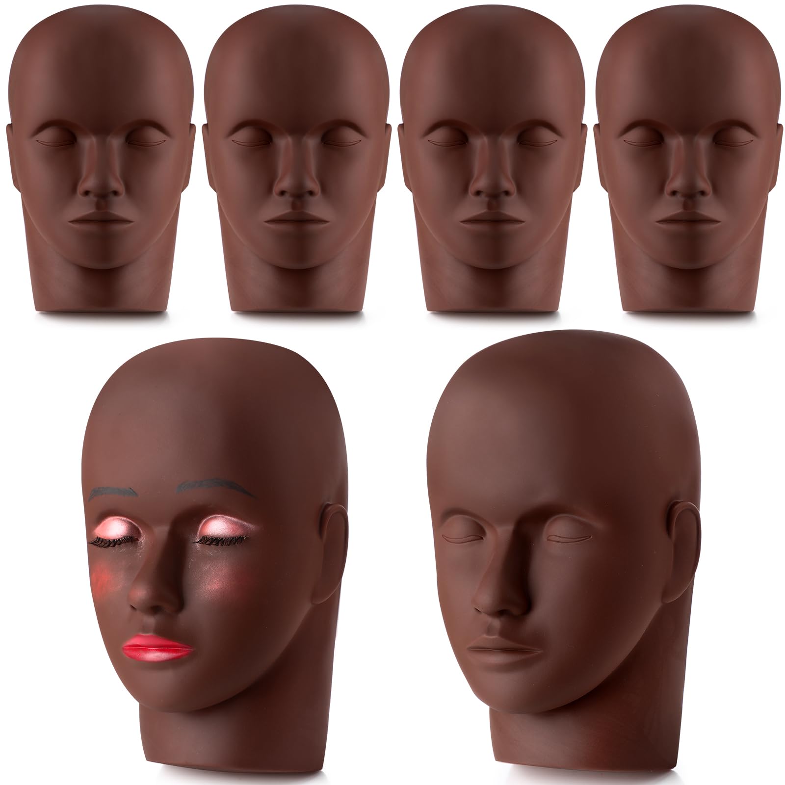 Reginary 6 Pcs Lash Mannequin Head Silicone Plastic Head Esthetics Mannequin Head Practice Training Head Makeup Head Makeup Mannequin Training Head for Practice Makeup Massage Graft Eyelash (Brown)